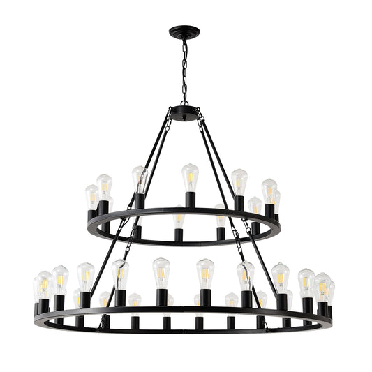 48 Inch Black Extra Large Wagon Wheel Chandelier, 2 Tier 36-Lights No Include Farmhouse Inkedjoy