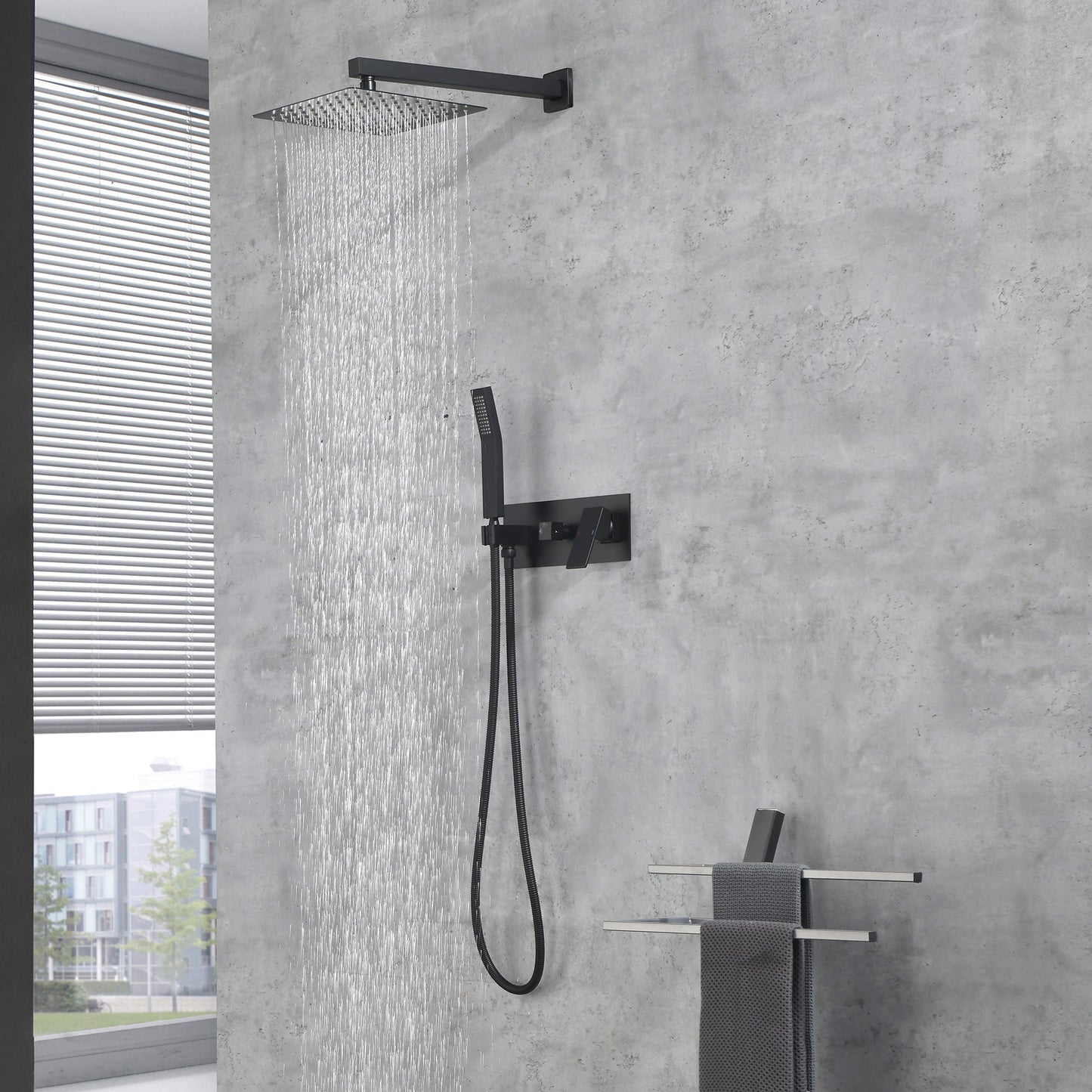 Brass Matte Black Shower Faucet With Shower System, 10 Inch Shower Head And Handheld Spray Inkedjoy