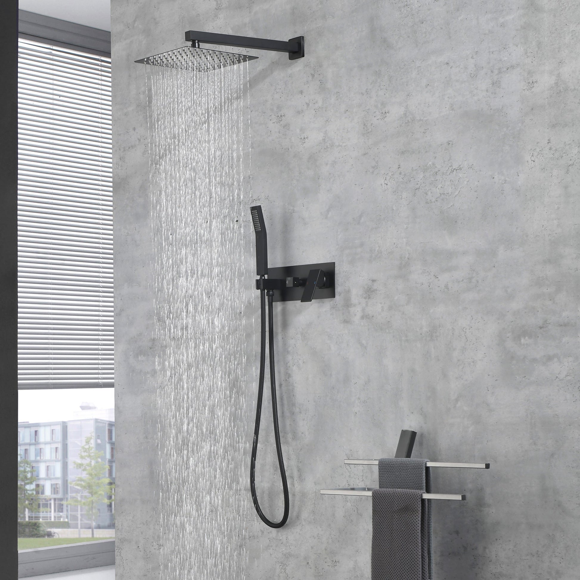 Brass Matte Black Shower Faucet With Shower System, 10 Inch Shower Head And Handheld Spray Inkedjoy