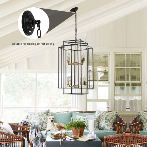 8 Lights Black & Gold Lantern Tiered Chandelier, Industrial Farmhouse Chandelier Inkedjoy