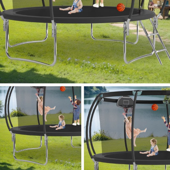 12 FT TRAMPOLINE BLACK PUMPKIN-STYLE SAFETY NET WITH BASKETBALL HOOP My Store