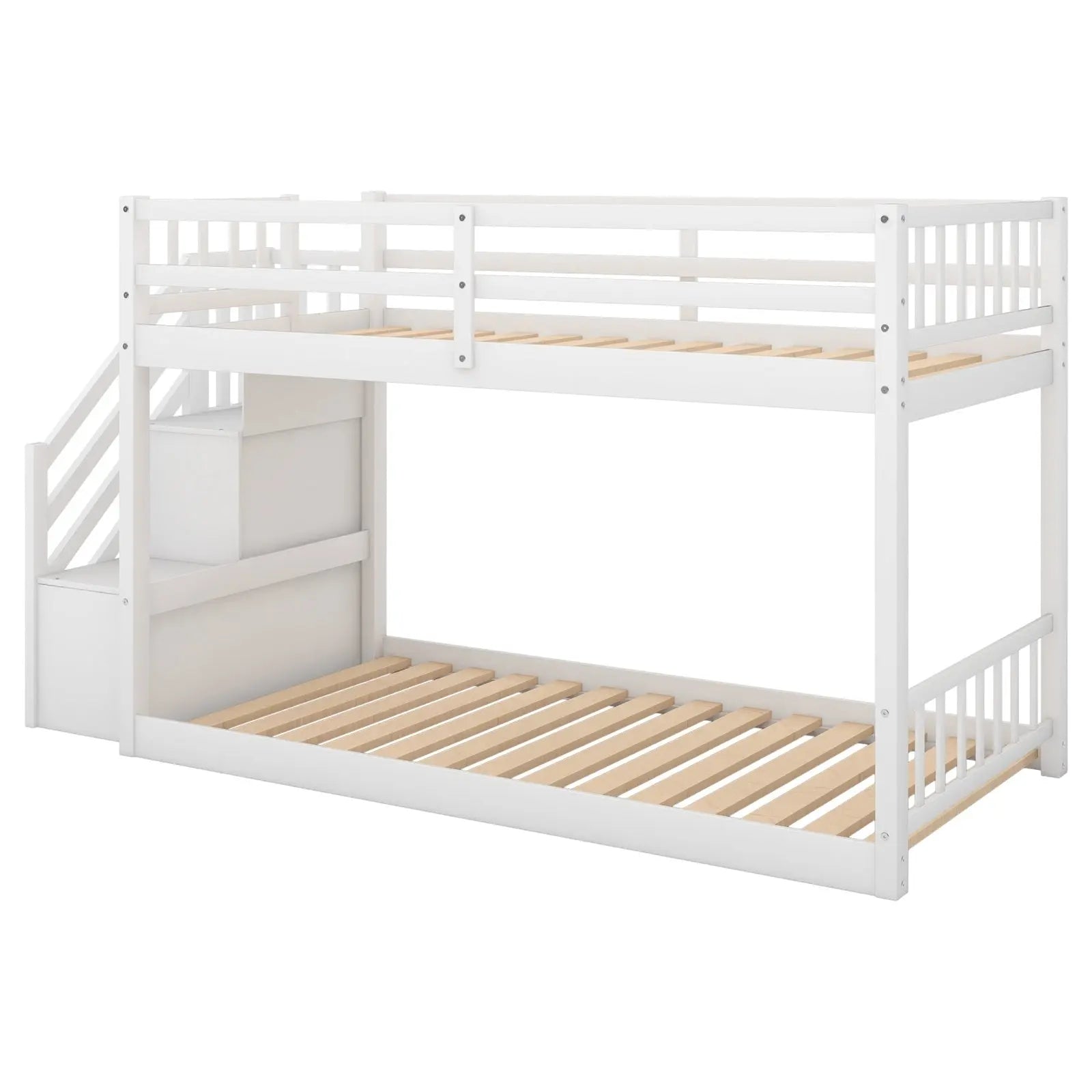 Twin Over Twin Floor Bunk Bed, Ladder With Storage, White My Store