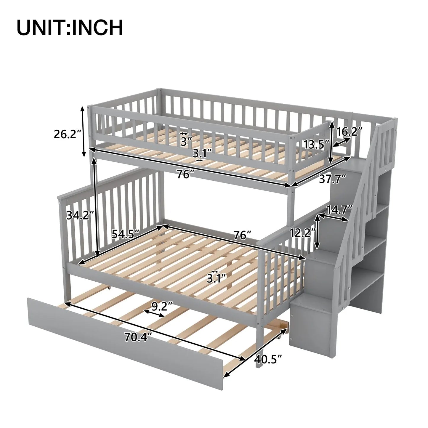 Twin Over Full Bunk Bed With Trundle And Staircase,Gray My Store