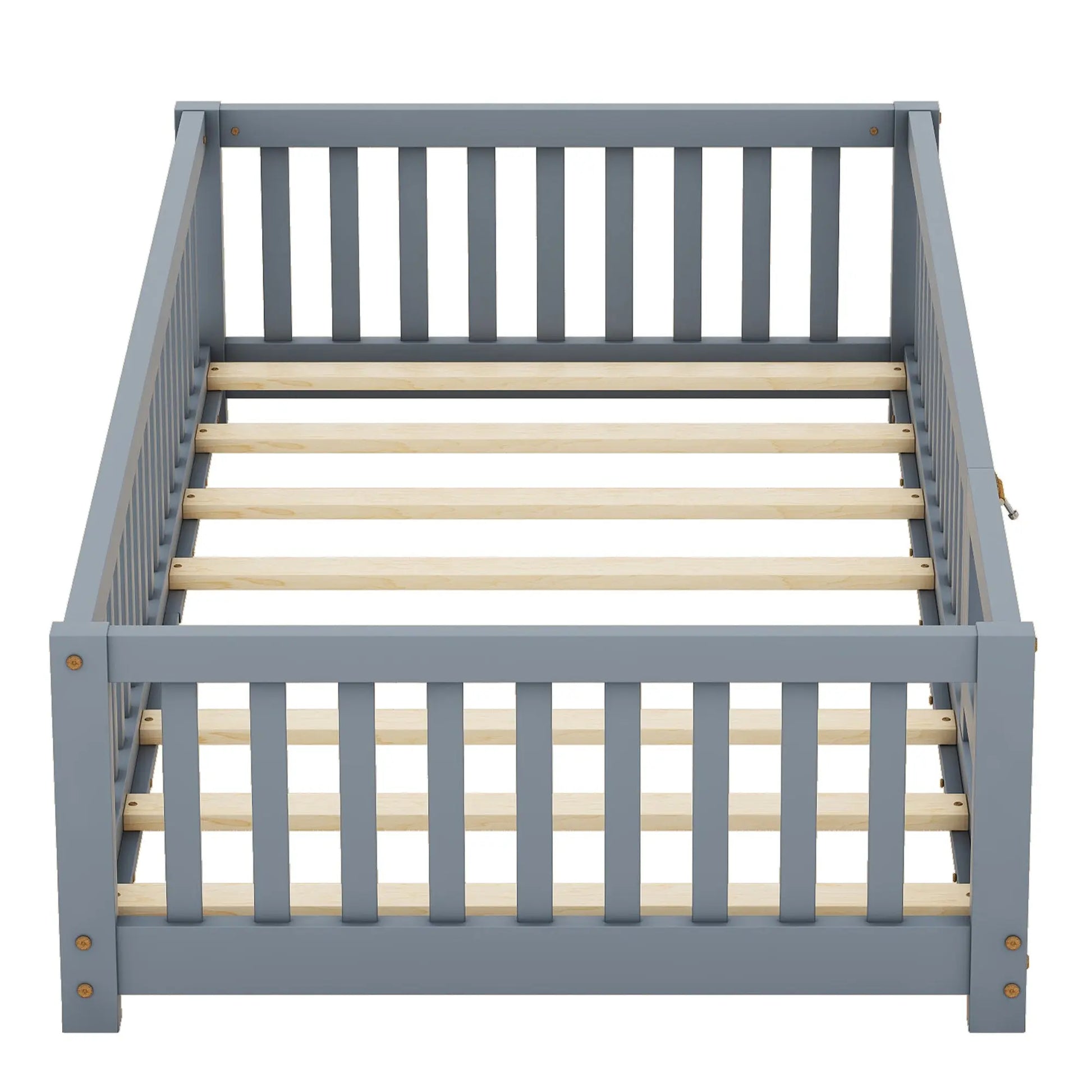 Twin Size Bed Floor Bed With Safety Guardrails And Door For Kids, Gray My Store
