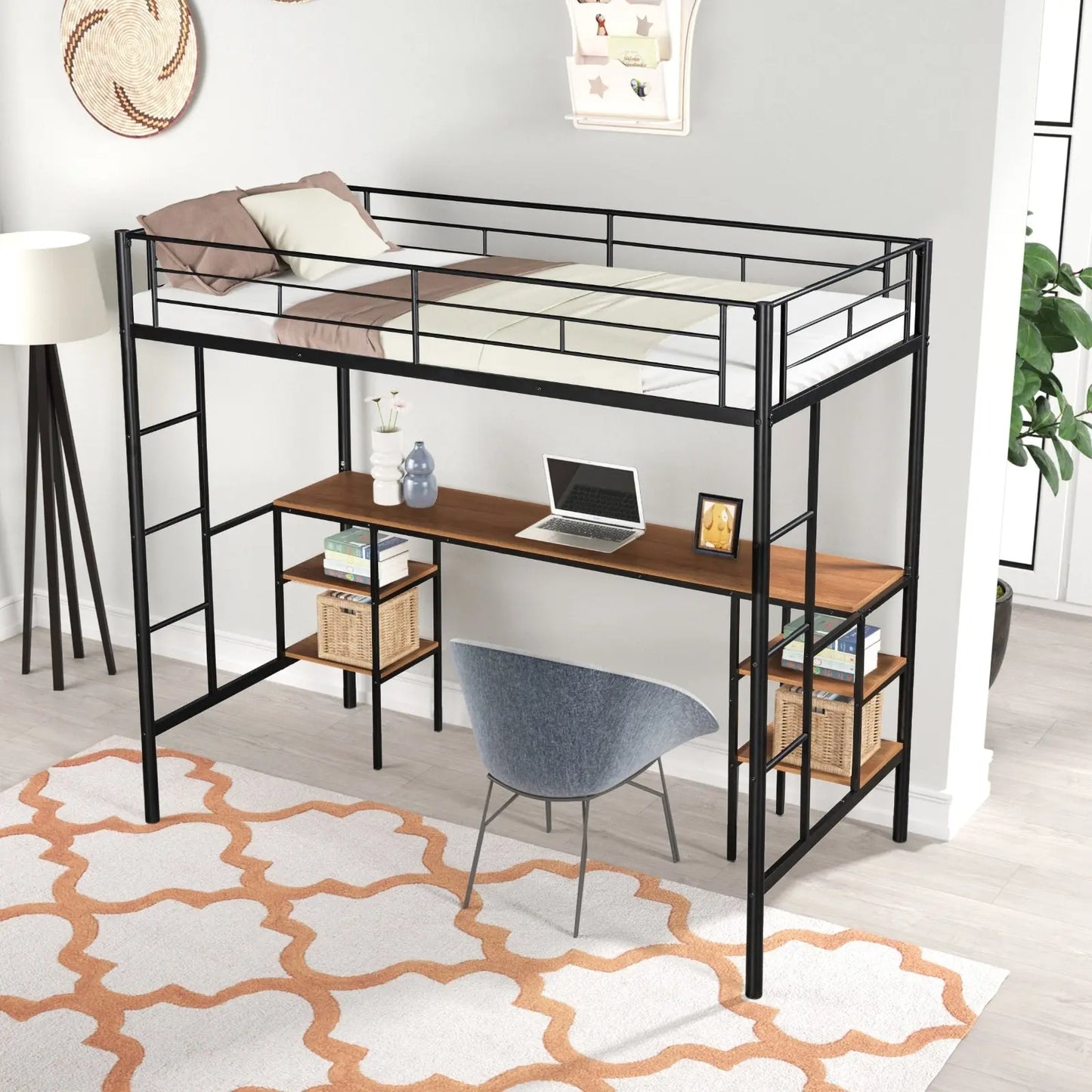 Twin-Size Loft Bed With Built-in Table & Shelves - Heavy-Duty Metal My Store