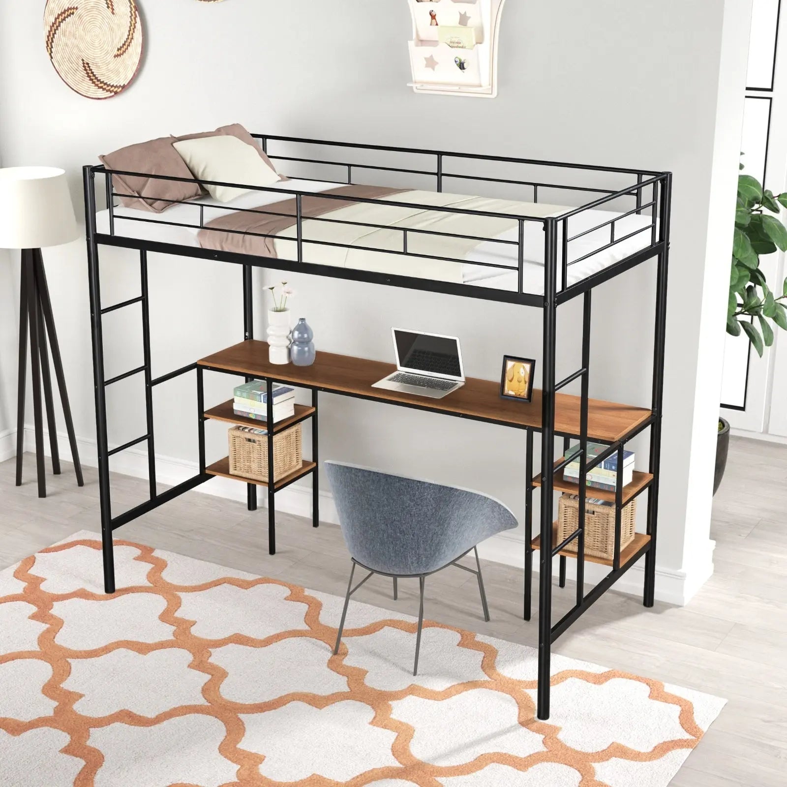 Twin-Size Loft Bed With Built-in Table & Shelves - Heavy-Duty Metal My Store