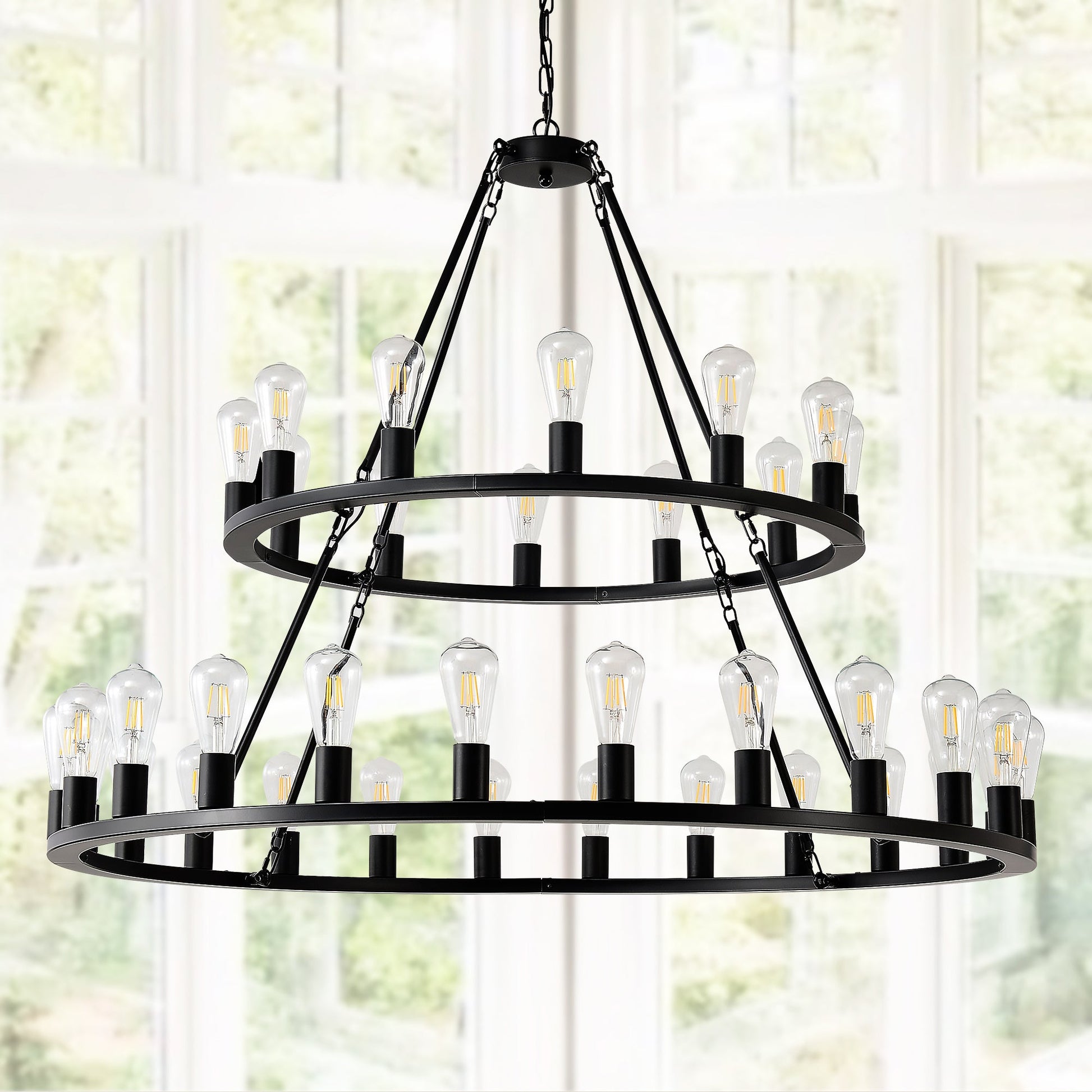 48 Inch Black Extra Large Wagon Wheel Chandelier, 2 Tier 36-Lights No Include Farmhouse Inkedjoy