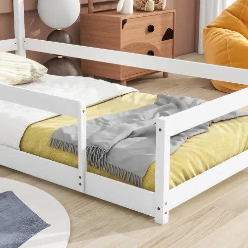Twin Size Wood Bed With House-shaped Headboard Floor Bed With Fences,White My Store