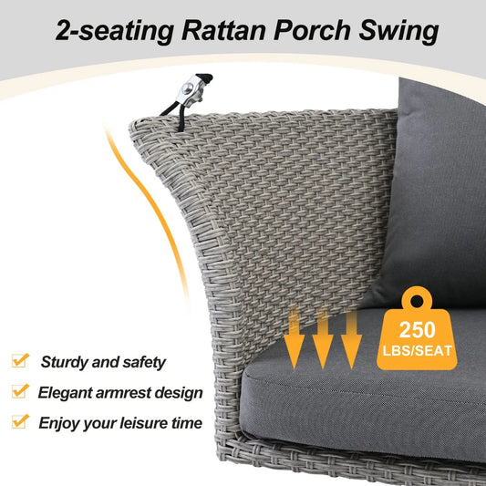 GO 51.9 2-Person Hanging Seat, Rattan Woven Swing Chair, Porch Swing With Ropes, Gray Wicker And C My Store