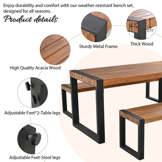 3-pieces Outdoor Dining Table With 2 Benches, Patio Dining Set With Unique Top Texture, Acacia Inkedjoy