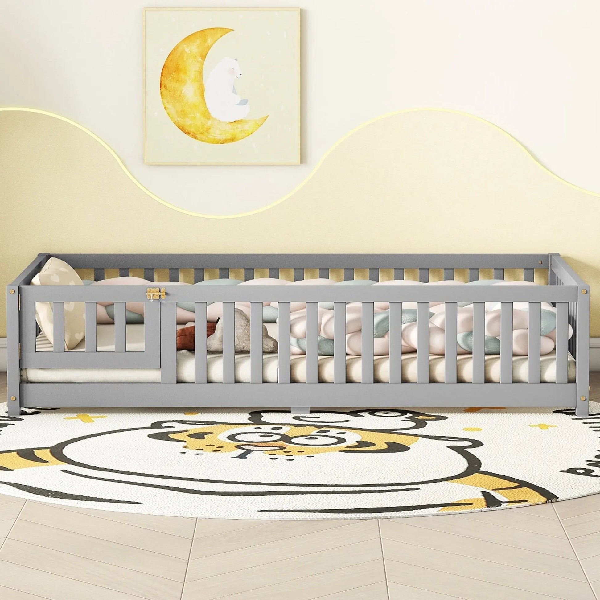 Twin Size Bed Floor Bed With Safety Guardrails And Door For Kids, Gray My Store
