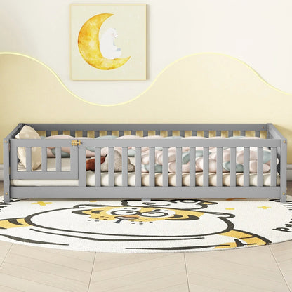 Twin Size Bed Floor Bed With Safety Guardrails And Door For Kids, Gray My Store