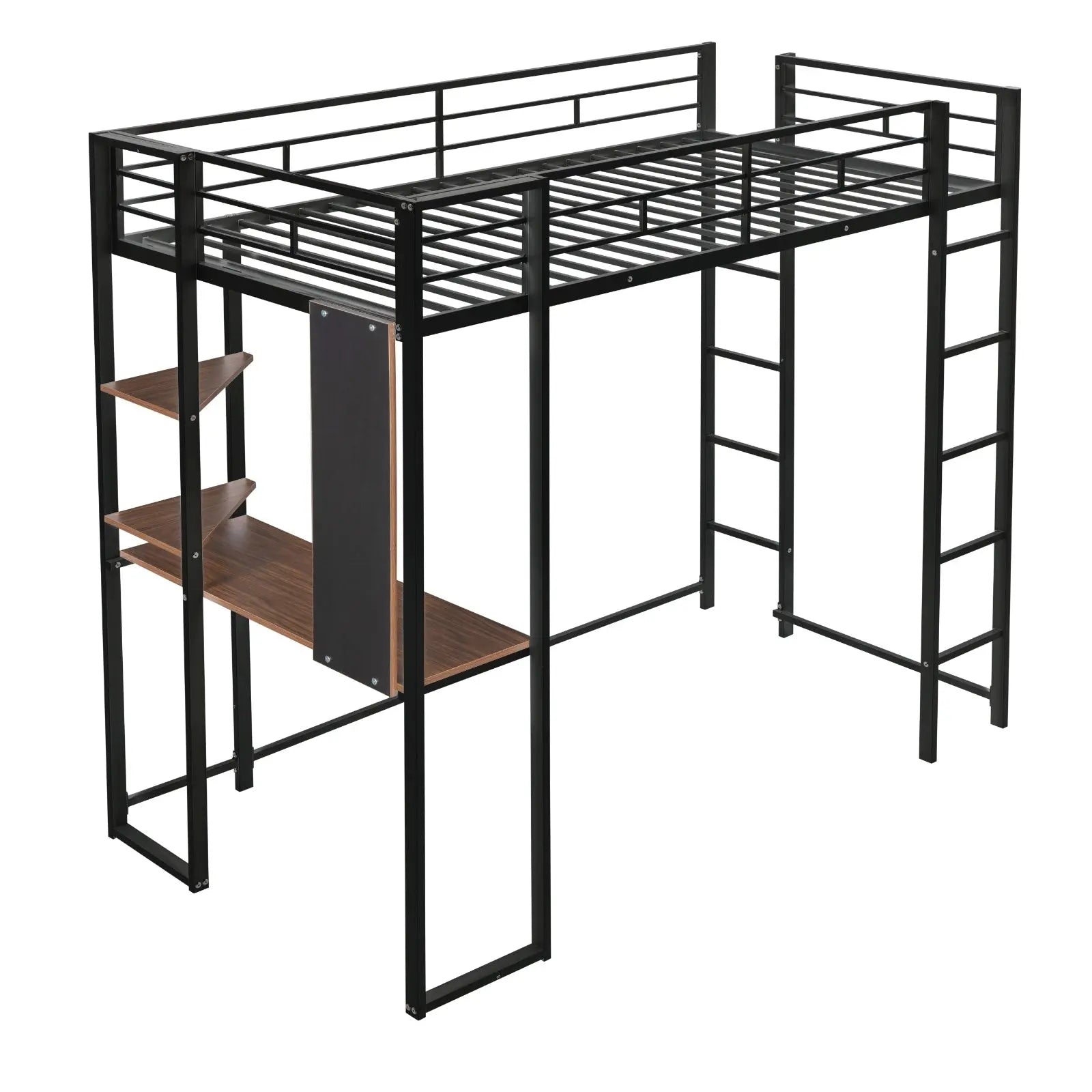 Twin Metal Loft Bed With 2 Shelves And One Desk ,BLACK My Store