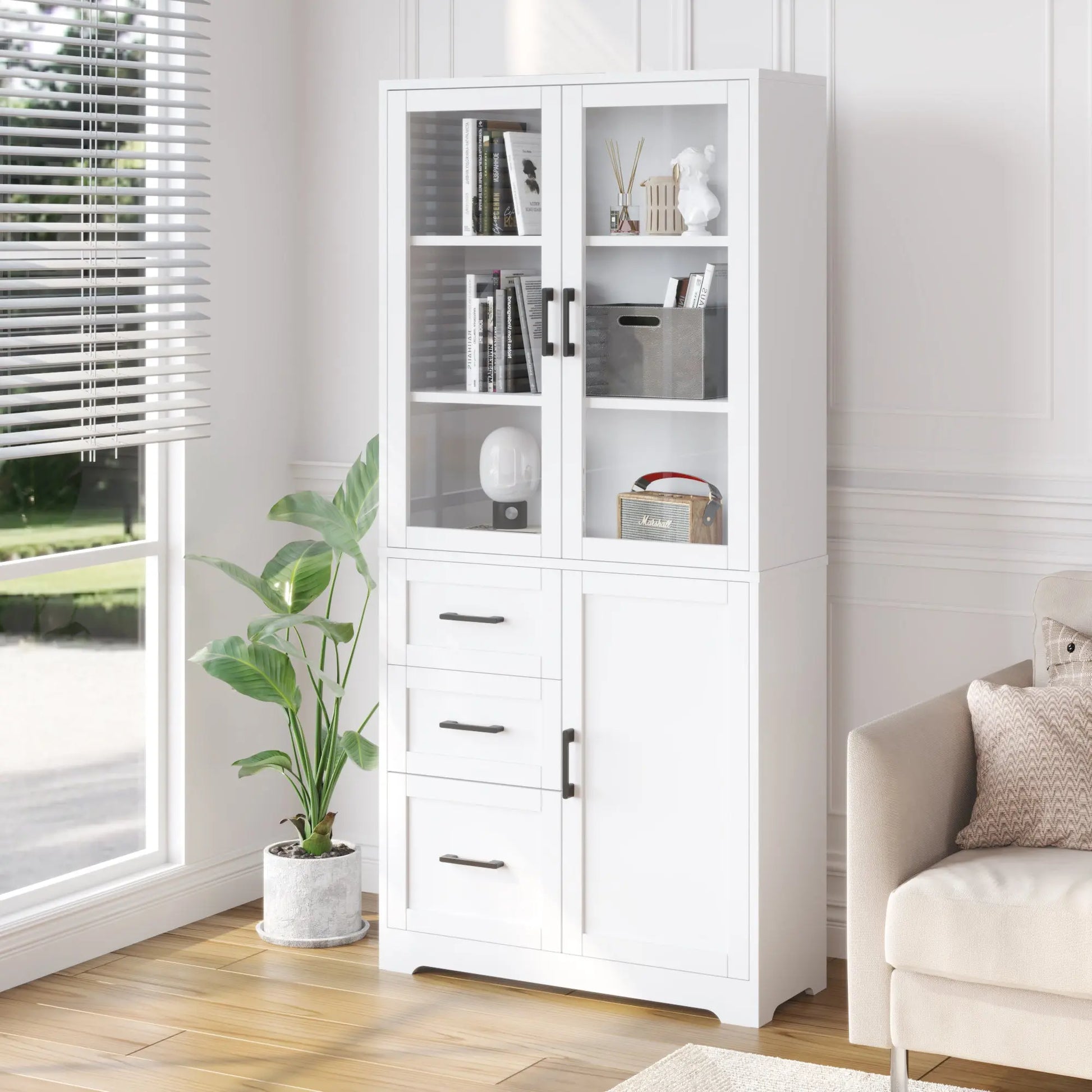3 Doors, 3 Draws, 5 Layers, 78x38.5x170cm, Display Cabinet , Storage Cabinets White My Store