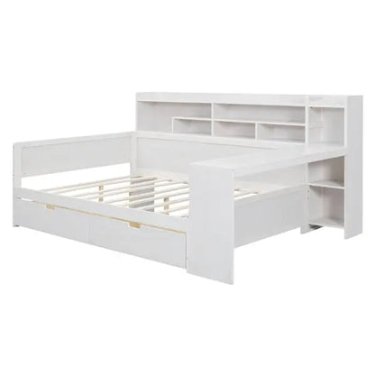 Wooden Full-size Sofa Bed With Storage Rack, Multifunctional Bed With Two Storage Drawers And Desk, Antique White My Store