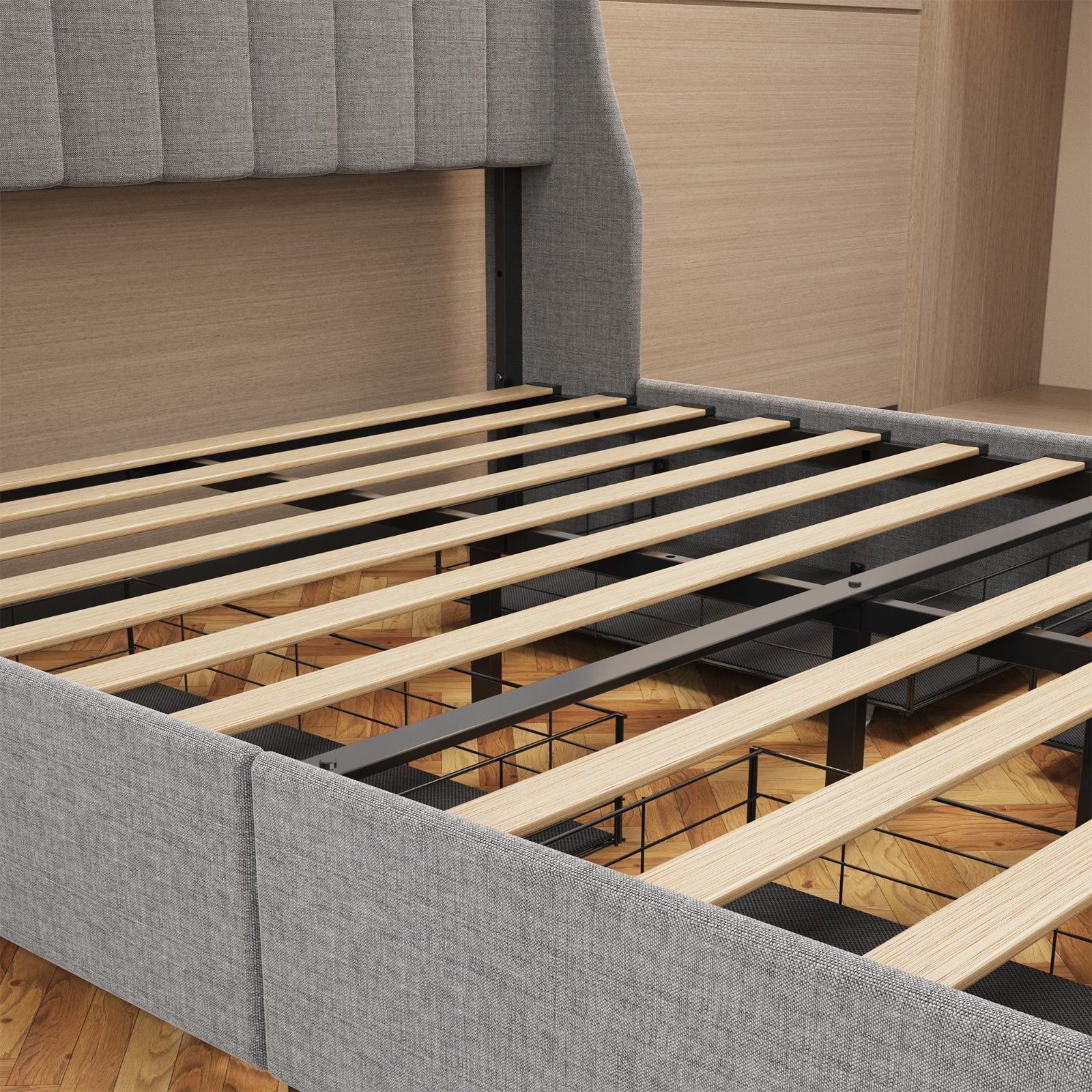Queen Size Bed Frame With LED, Storage Drawers, Wings Headboard My Store