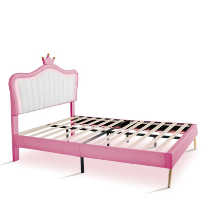 Full Size Upholstered Bed Frame With LED Lights & Crown Headboard My Store