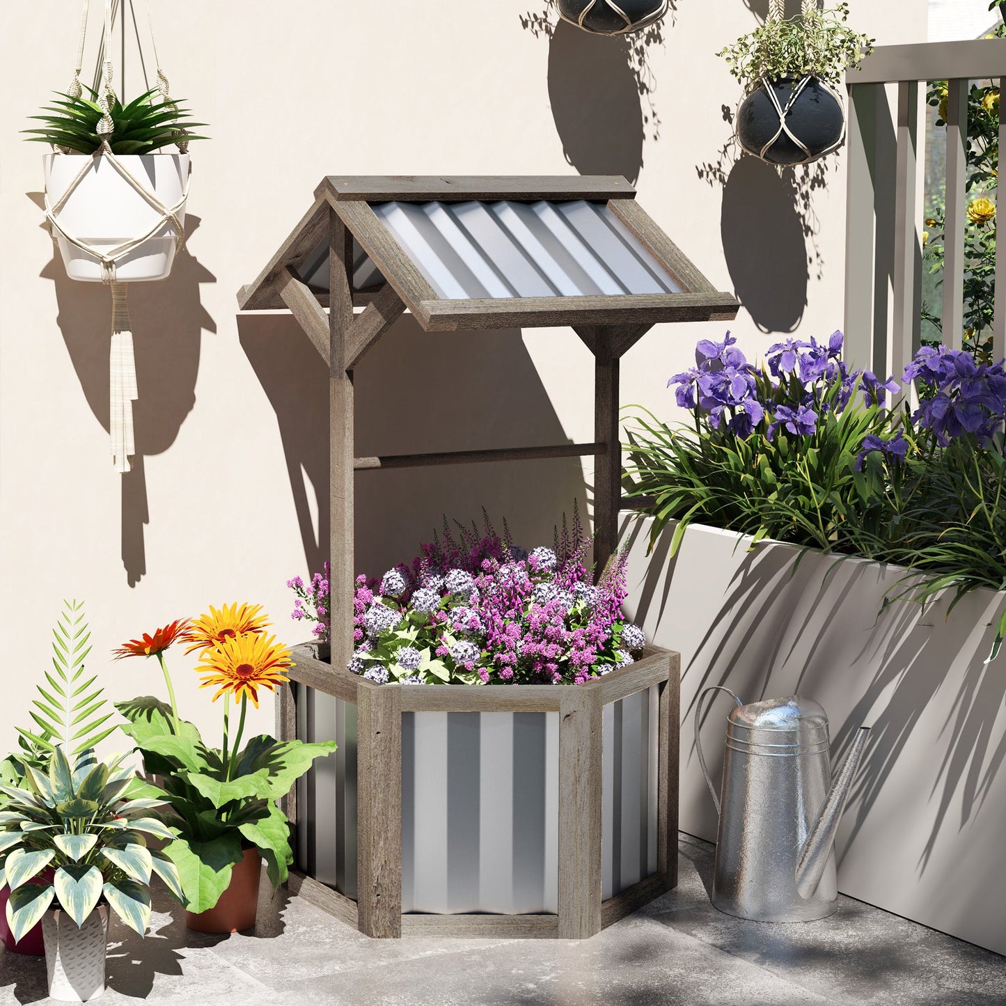 Wooden Wishing Well Planter, Raised Garden Bed With Galvanized Canopy, Hexagon- Light Gray Inkedjoy
