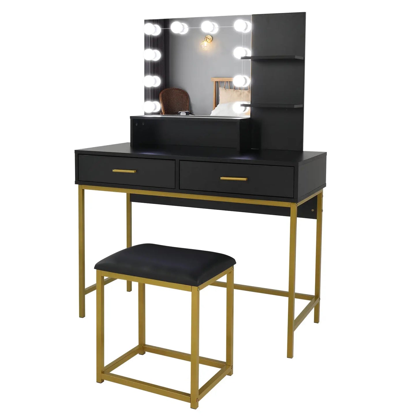 Black, Particleboard, Steel Frame, Two-drawer, Three-tier Shelf, Dressing Table Set, Three-tone Light, Light Luxury My Store