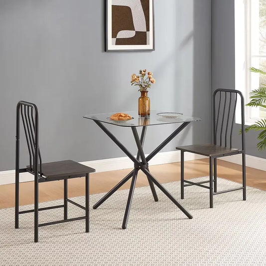 Dining Table Set For 2 People, Square Glass Tempered Dining Table With 4 Legs And 2 Metal Chairs My Store