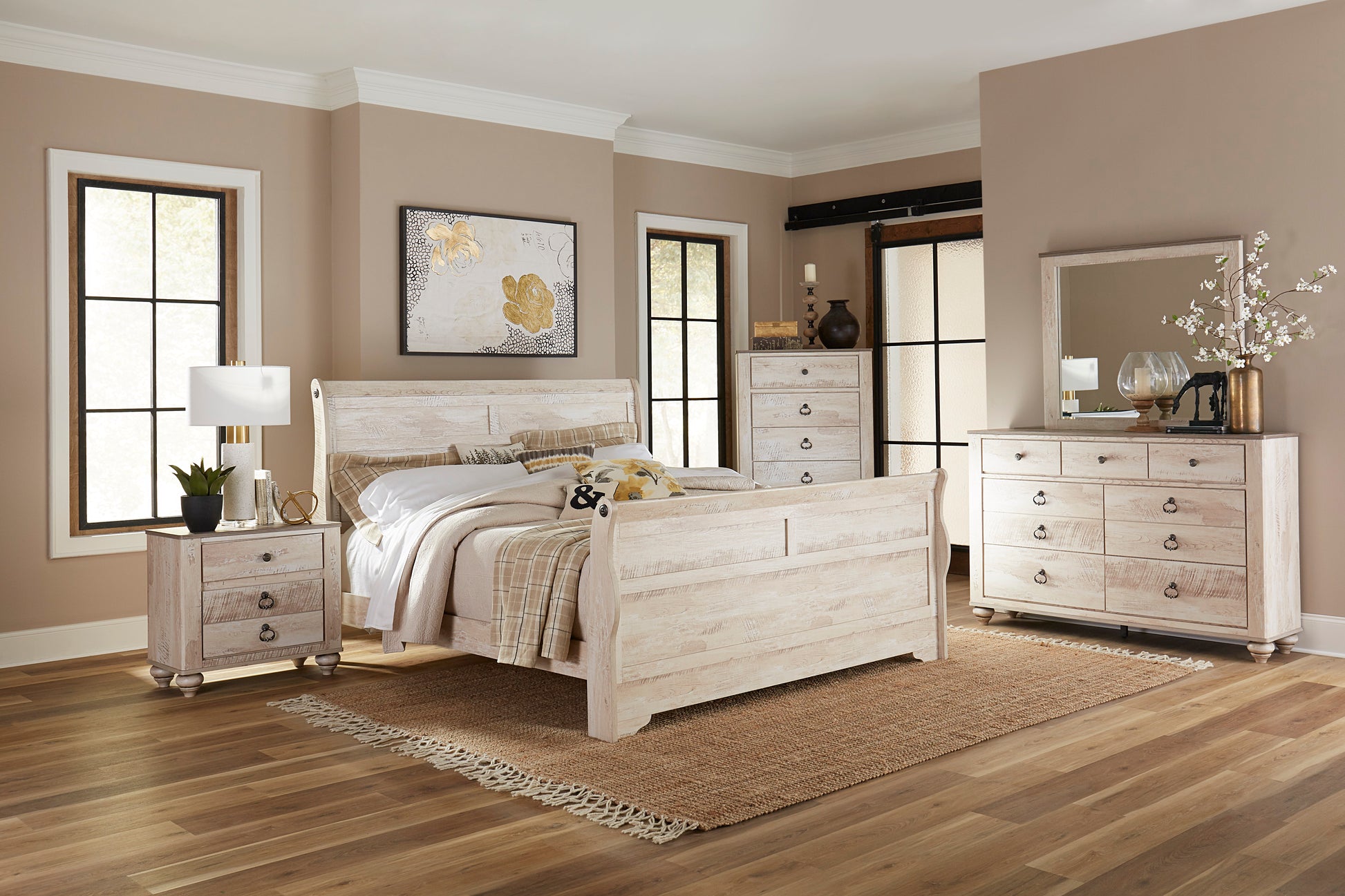 King Sleigh Bed Bedroom Set with Dresser, Mirror, 2 Nightstands, and Chest - Ohberri