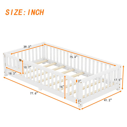 Twin Size Bed Floor Bed With Safety Guardrails And Door For Kids, White My Store