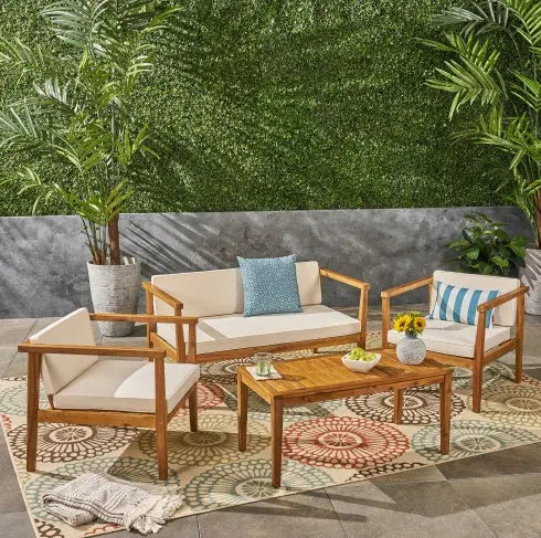 Outdoor 4-Seater Acacia Wood Chat Set With Coffee Table With Cushions, Teak And Beige My Store