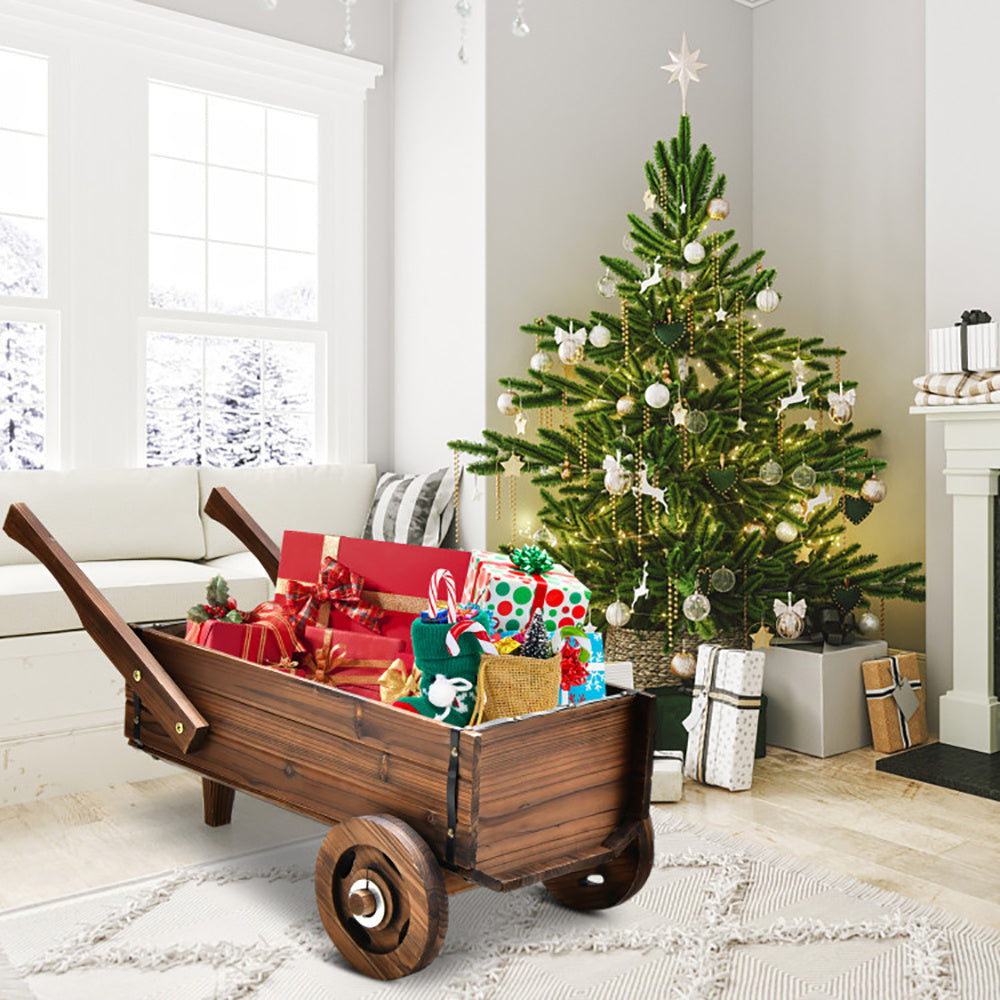 Wooden Wagon Planter Box With Wheels Handles And Drainage Hole My Store