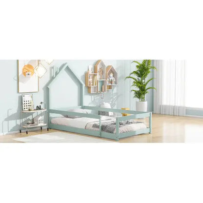 Twin Size Wood Bed With House-shaped Headboard Floor Bed With Fences,Light Green My Store