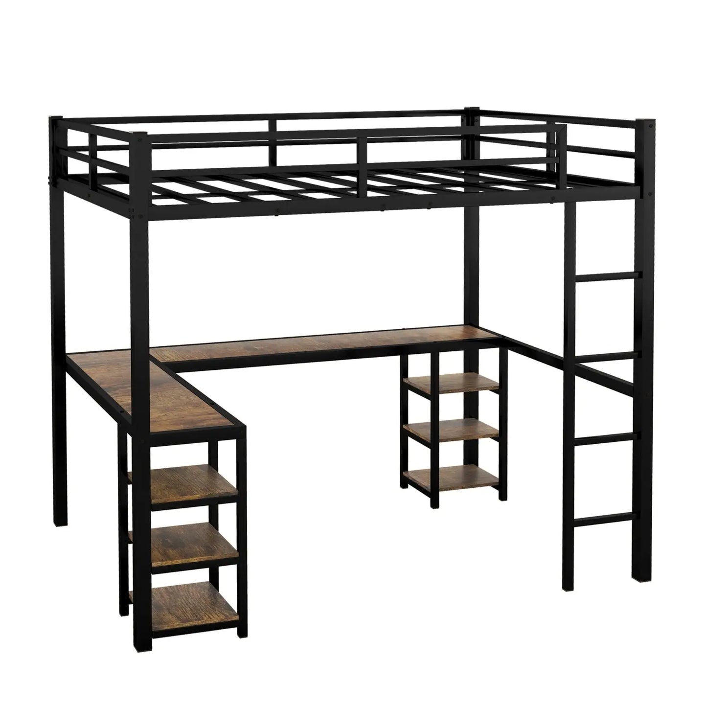 Full Metal Loft Bed With Desk And Shelves, Loft Bed With Ladder And Guardrails- Black My Store