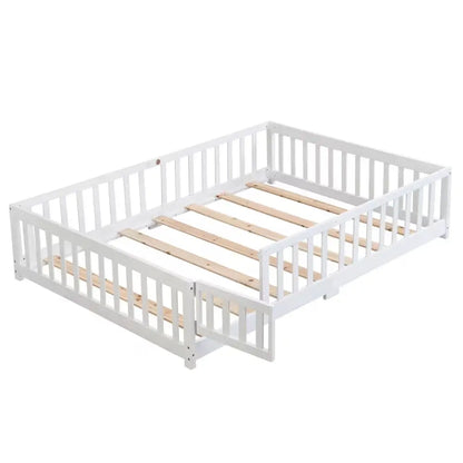 Twin Size Floor Bed With Door,Solid Wood Platform Bed Frame With Fence,Suitable For Children,Pine Wood, My Store