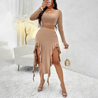 Women's Long Sleeve Round Neck Pleated Dress Suit - Solid Color Elegant Ruffle Outfit Inkedjoy