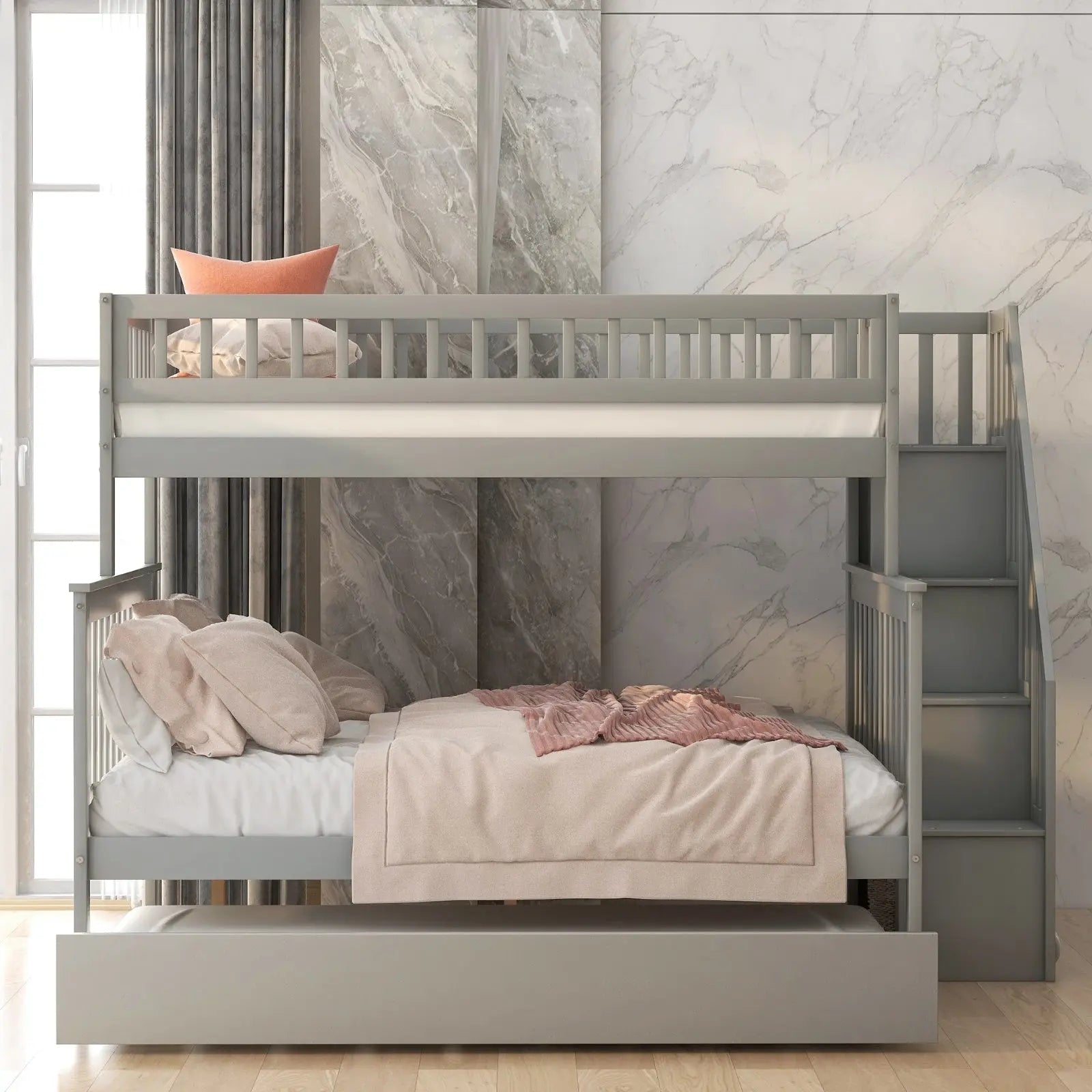 Twin Over Full Bunk Bed With Trundle And Staircase,Gray My Store