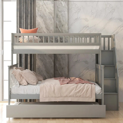 Twin Over Full Bunk Bed With Trundle And Staircase,Gray My Store