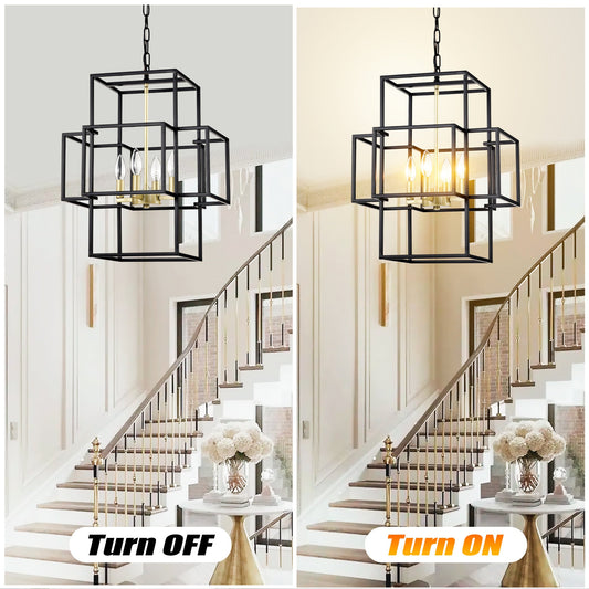 4-Light Metal Lantern Tiered Pendant Hanging Light Fixtures -Matte Black & Gold Inkedjoy