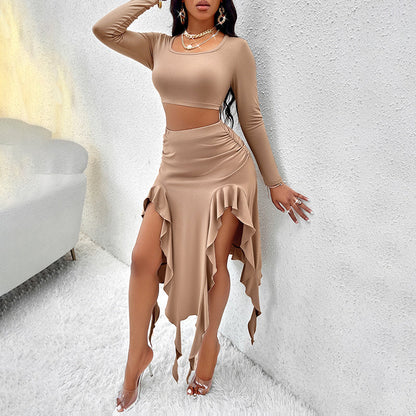 Women's Long Sleeve Round Neck Pleated Dress Suit - Solid Color Elegant Ruffle Outfit Inkedjoy