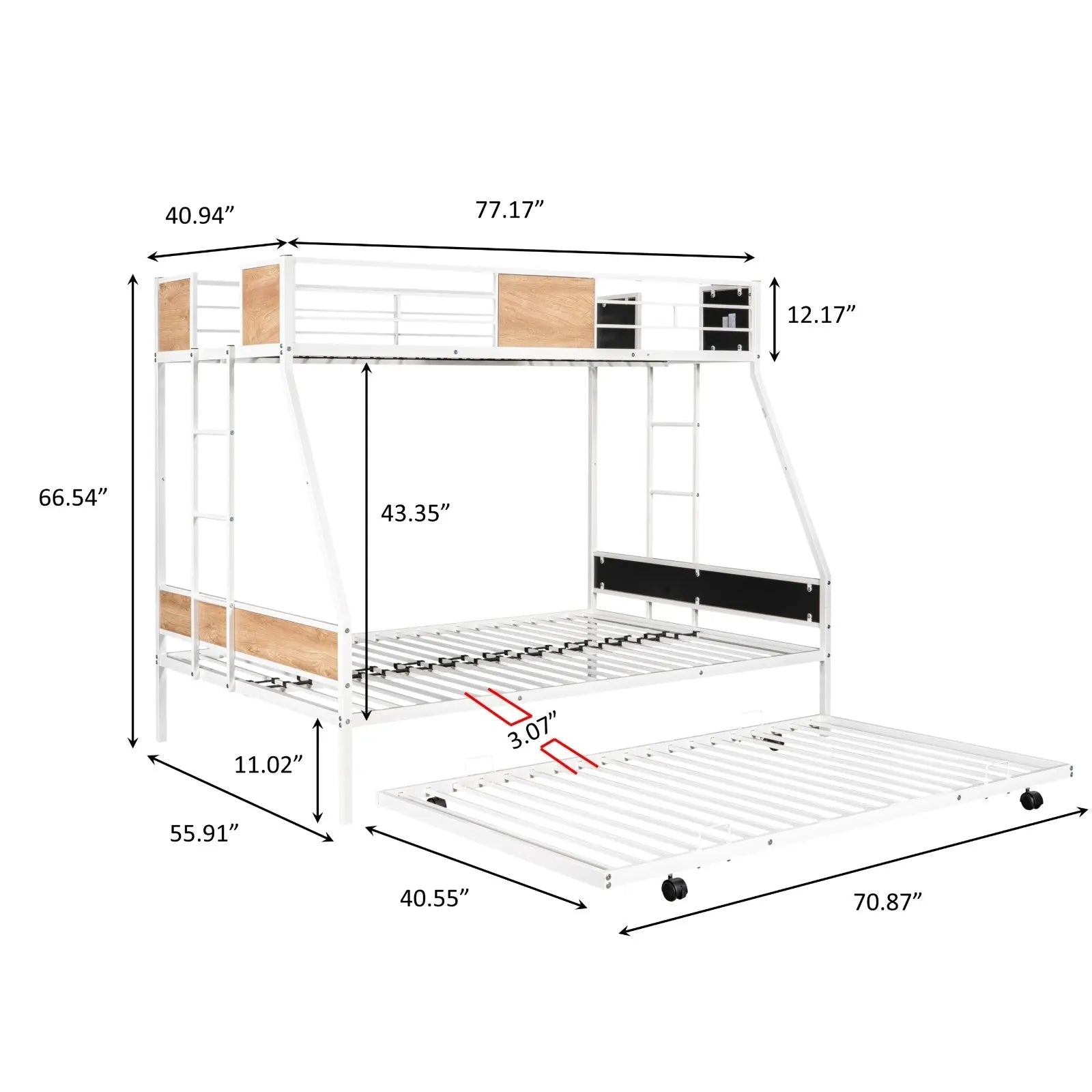 Metal Twin Over Full Bunk Bed With Trundle, Heavy-Duty, Noise Reduced, Guardrail My Store