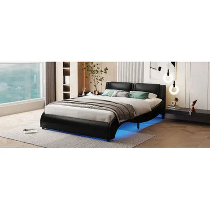 Full Size Upholstered Faux Leather Platform Bed With LED Light Bed Frame With Slatted - Black My Store