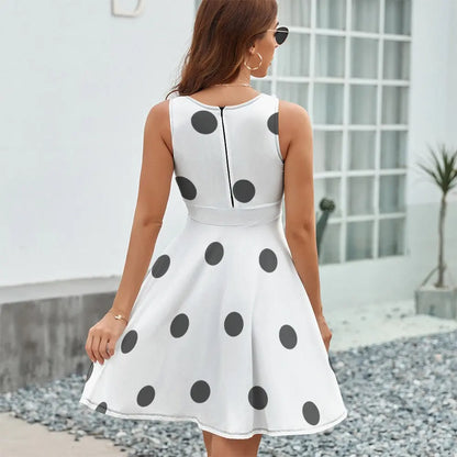 Ladies Sleeveless White Polka Dot Dress Inkedjoy