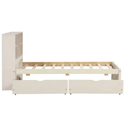 Modern Twin Size Bed Frame With Built-in USB Port On Bookcase Headboard And 2 Drawers For White Washed My Store