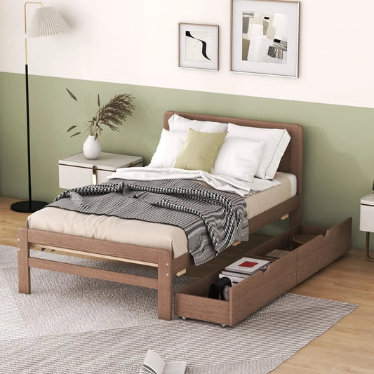 Modern Design Twin Size Platform Bed Frame With 2 Drawers For Walnut Color My Store