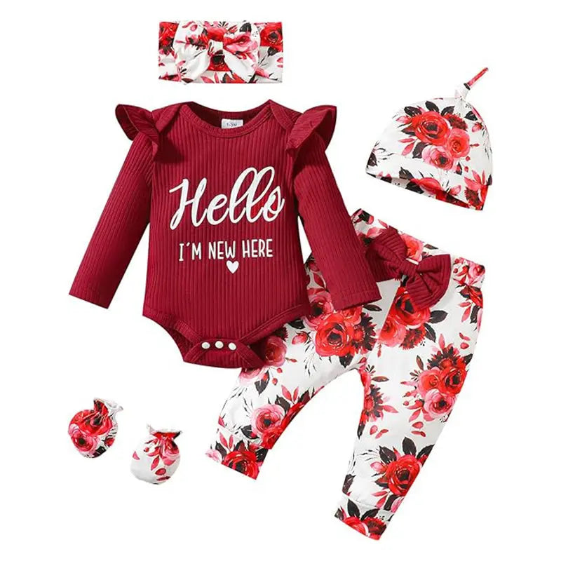 Newborn Baby Girl 'Hello I'm New Here' Romper Set Includes Floral Pants, Hat, Headband, & Coming Home Outfit My Store