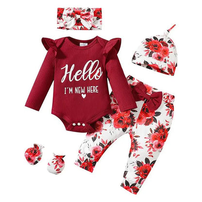 Newborn Baby Girl 'Hello I'm New Here' Romper Set Includes Floral Pants, Hat, Headband, & Coming Home Outfit My Store