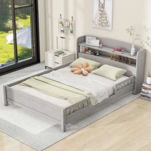 Wood Full Size Platform Bed With Built-in LED Light, Storage Headboard And Guardrail, Antique Grey My Store