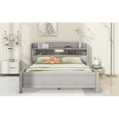 Wood Full Size Platform Bed With Built-in LED Light, Storage Headboard And Guardrail, Antique Grey My Store