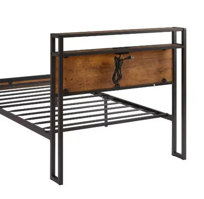 Twin Size Metal Platform Bed Frame With Wooden Headboard And Footboard With USB LINER My Store