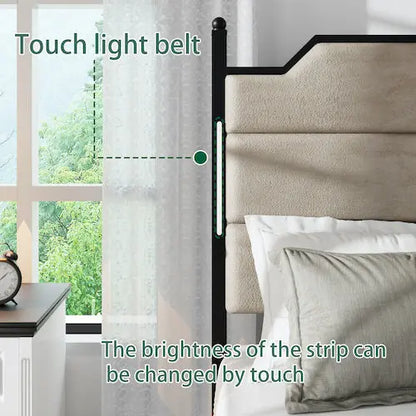 Queen Size Bed Frame With Upholstered Headboard Bed Frame With Charging Station And LED Lights, Wood Slats Brown My Store