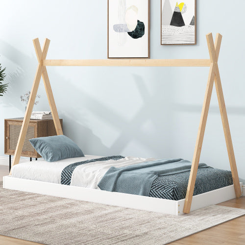 Twin Size Tent Floor Bed With Triangle Structure, White Natural My Store
