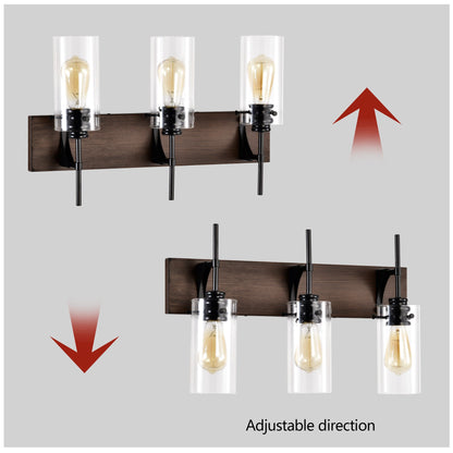 3-Light Matte Black Wood Color Bathroom Light Fixture Inkedjoy
