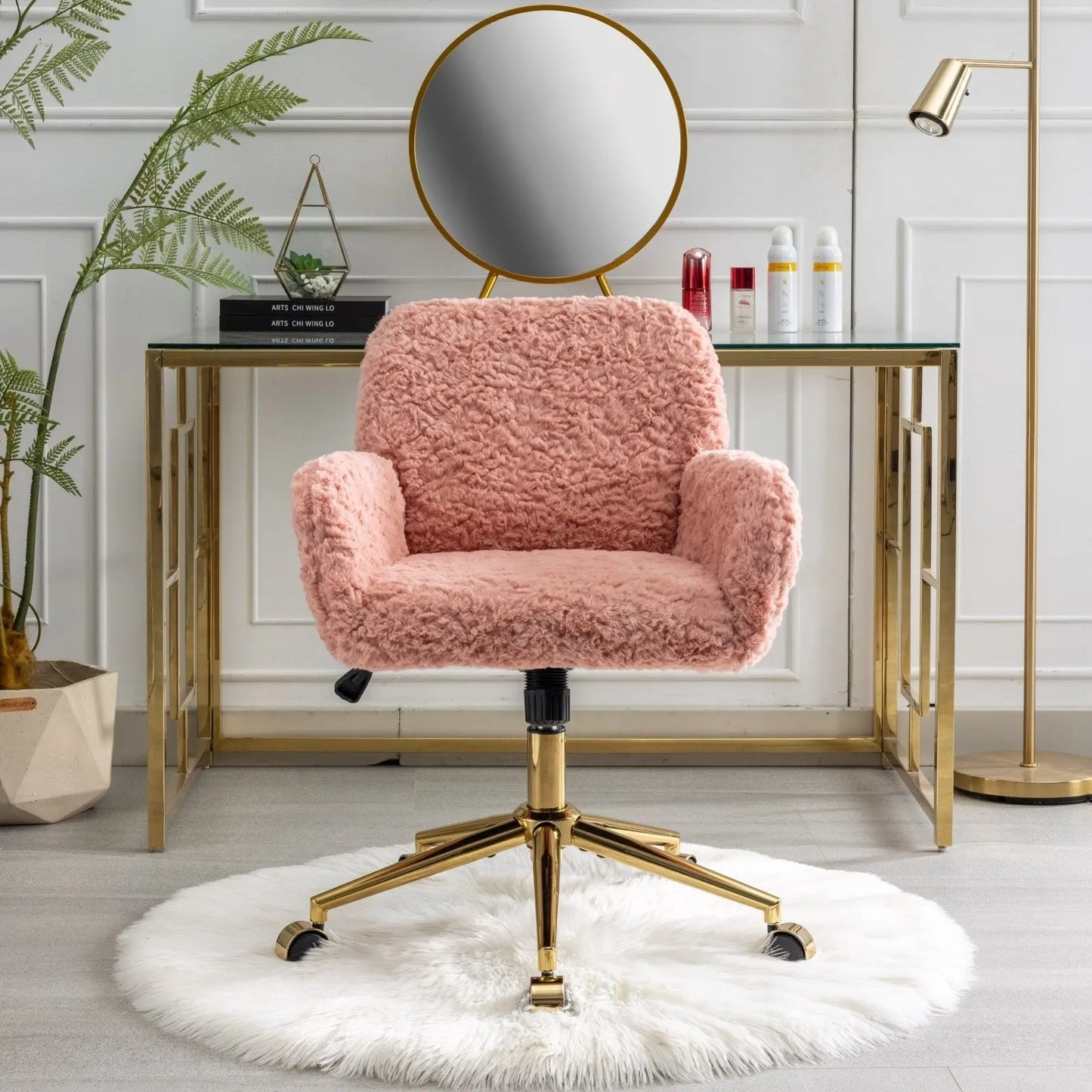 A&A Furniture Artificial Rabbit Hair Office Chair With Gold Base, Adjustable My Store